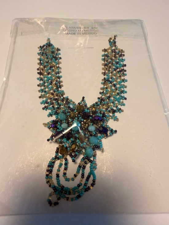 None Jewelry - Turquoise Beaded Statement Necklace - Handmade Artisan Style, Silver 925